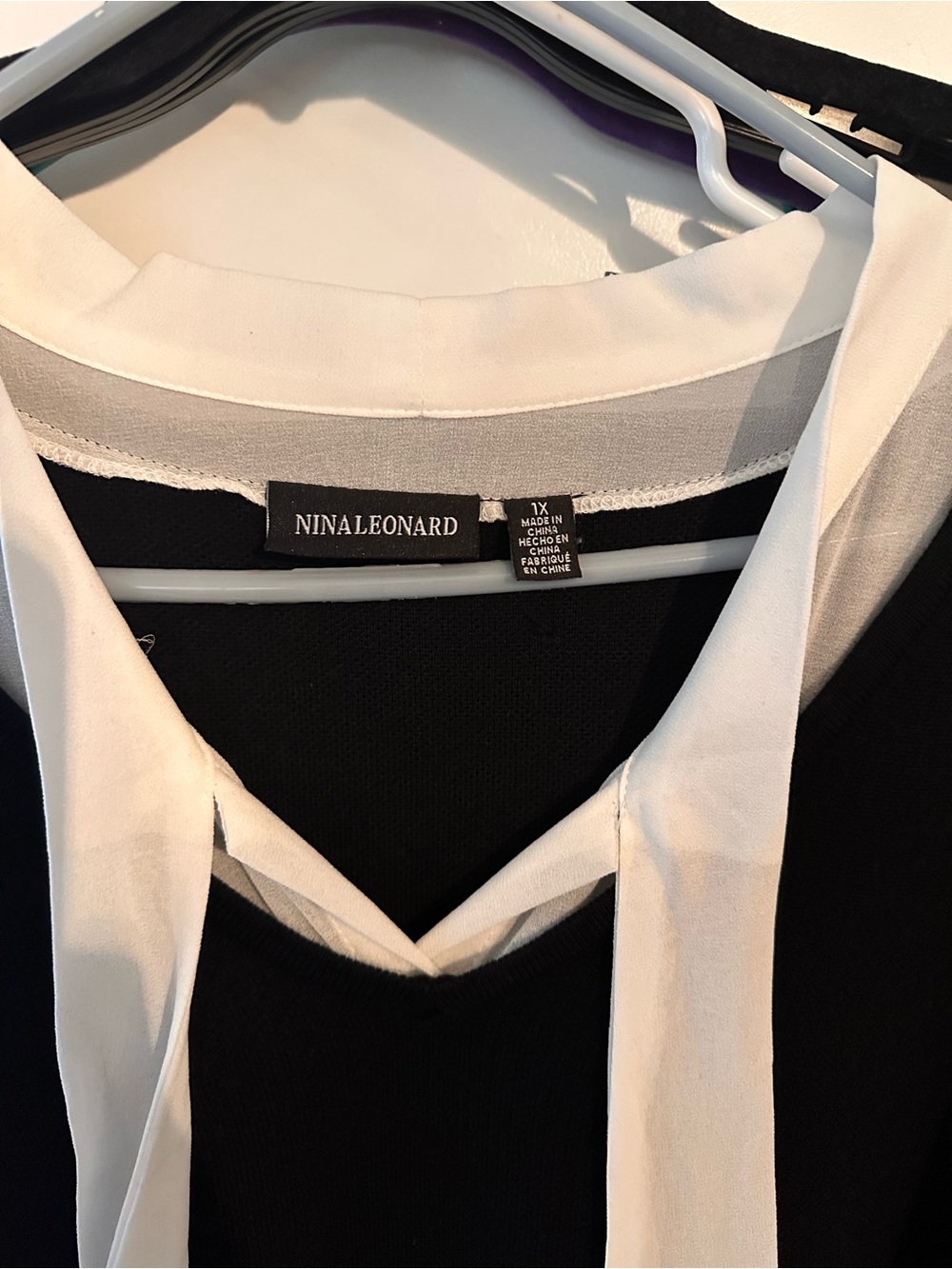 Nina Leonard Black Blouse with White Tie-Neck